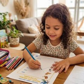Criança usando atividade impressa de inglês na mesa